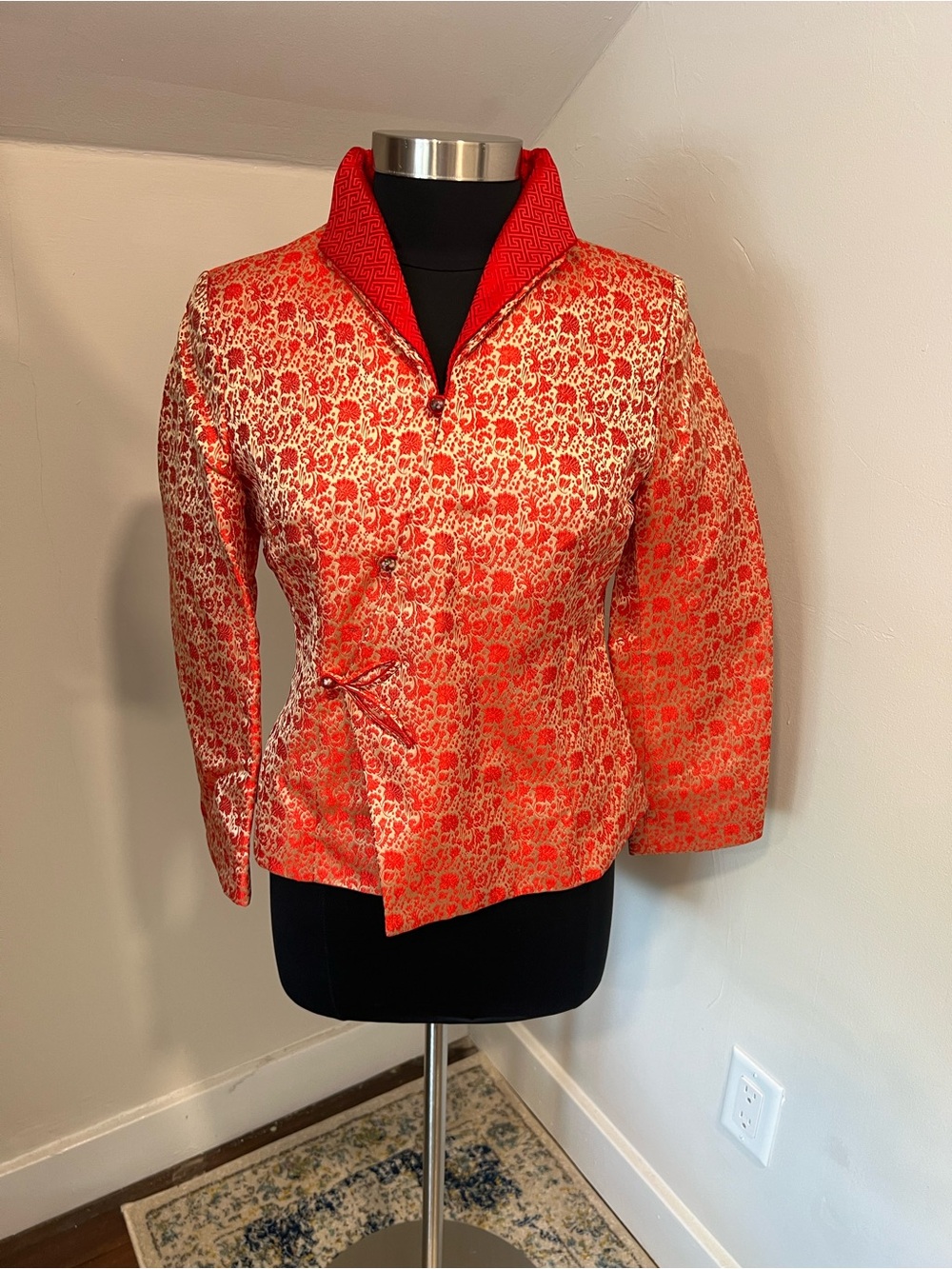 Women's Red and Gold Brocade Mandarin Collar Jacket